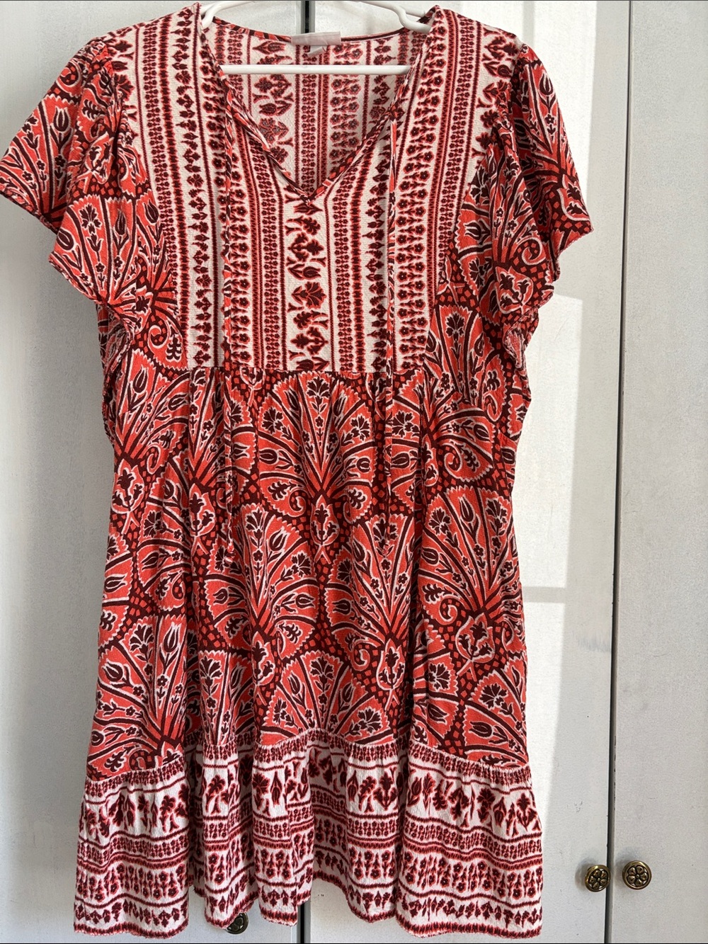 Knox Rose Red Orange White Floral V-Neck Boho Tunic Dress